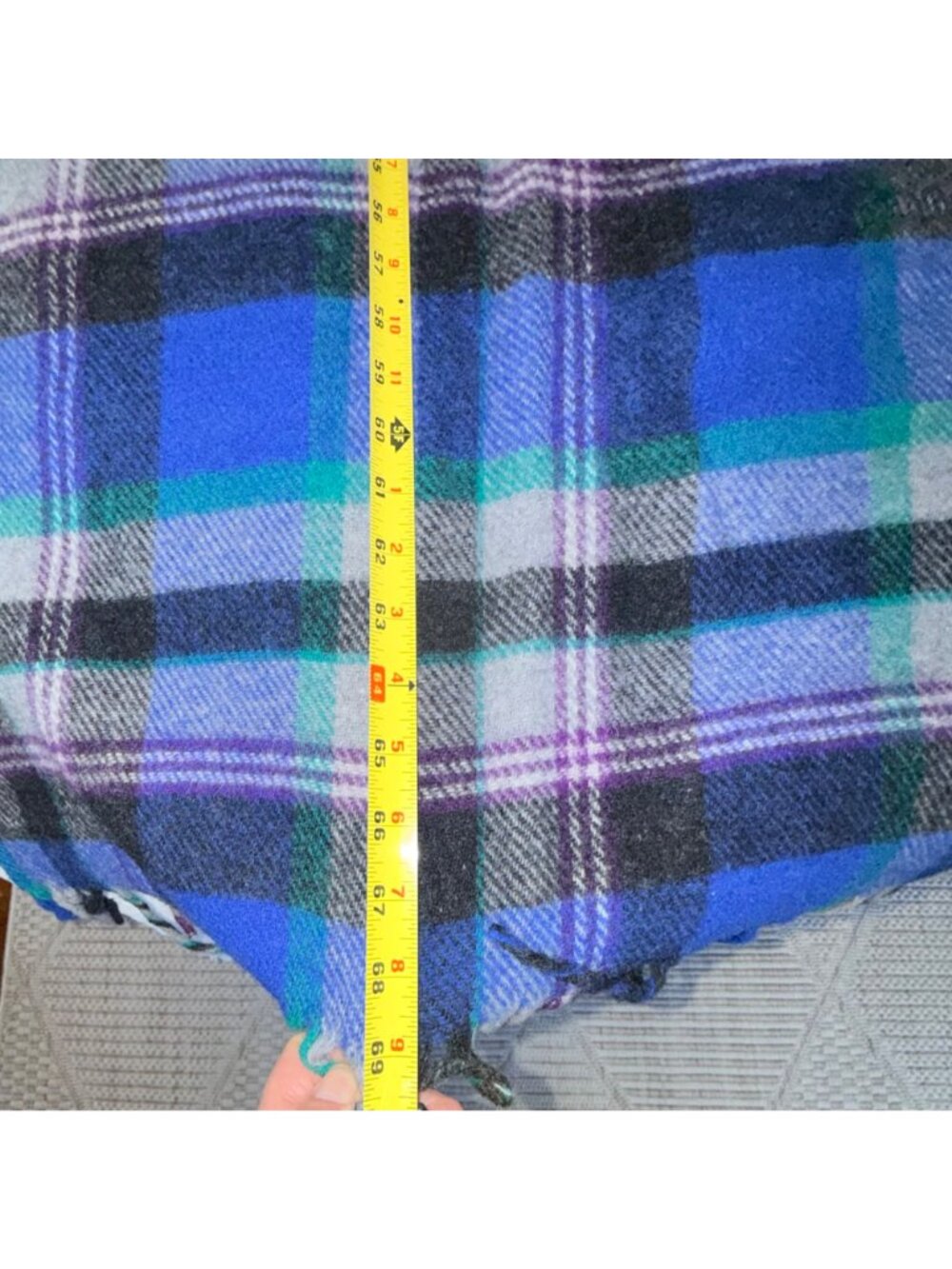 Vintage Pendleton Tartan Plaid Wool Blanket Throw 66"x52" Blue/Green/Purple Frin - Picture 4 of 5